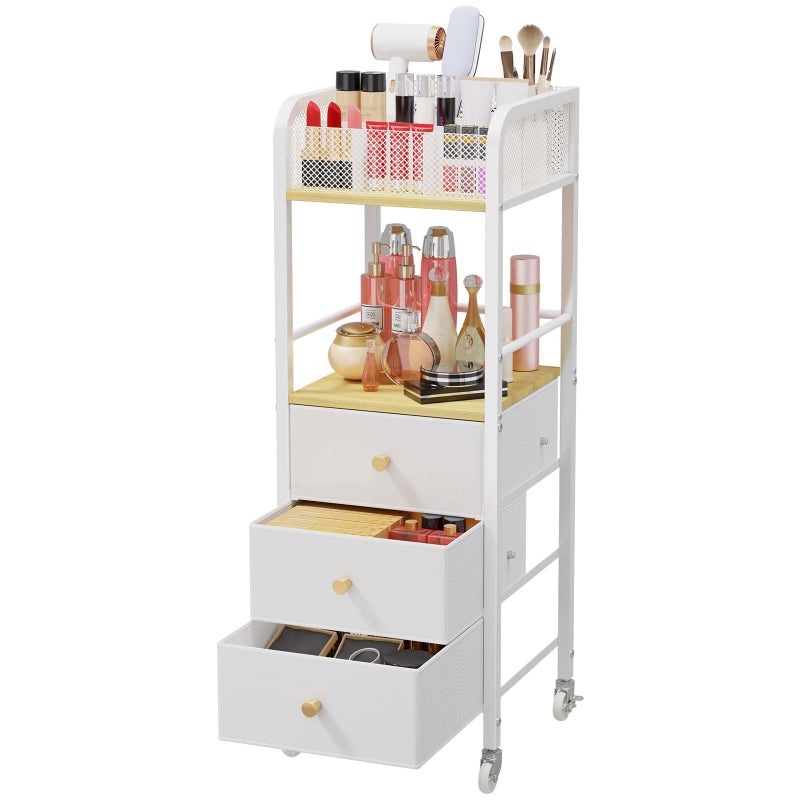 HapiRm Rolling Makeup Cart Organizer - Floor Skincare Make Up Storage with 3 Non-woven Fabric Drawers, Vanity Organizer Cosmetic Display Cases Holder for Skin Care Perfume Nail Polish Brush Hair Tool - Image 1