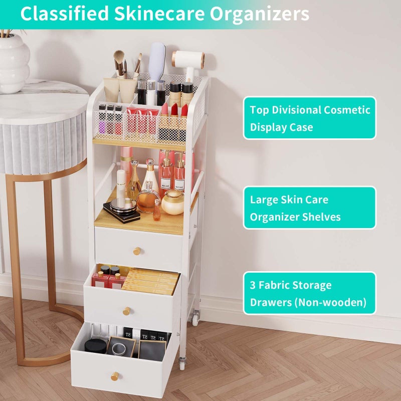 HapiRm Rolling Makeup Cart Organizer - Floor Skincare Make Up Storage with 3 Non-woven Fabric Drawers, Vanity Organizer Cosmetic Display Cases Holder for Skin Care Perfume Nail Polish Brush Hair Tool - Image 3