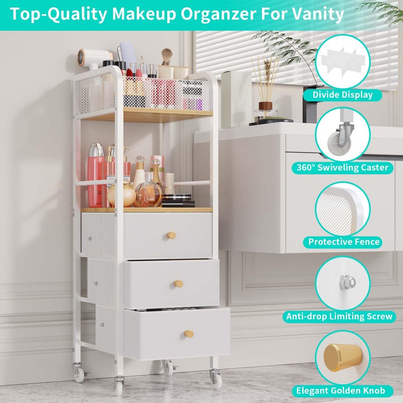 HapiRm Rolling Makeup Cart Organizer - Floor Skincare Make Up Storage with 3 Non-woven Fabric Drawers, Vanity Organizer Cosmetic Display Cases Holder for Skin Care Perfume Nail Polish Brush Hair Tool - Image 5