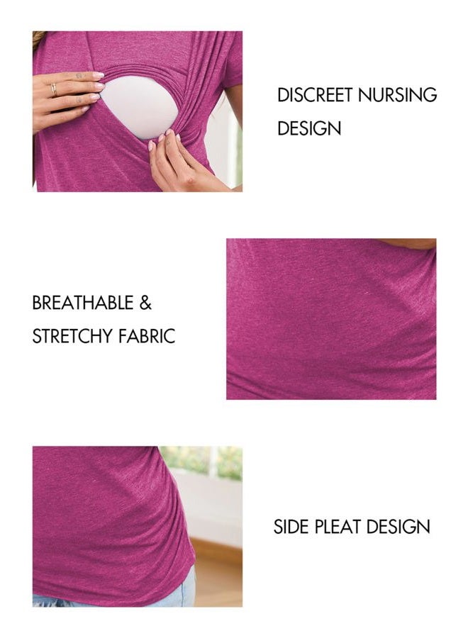 Ecavus 3PCS Women's Maternity Nursing Tops Short & Long Sleeve Side Ruched Breastfeeding Shirt, 05-hunterbr/Dark Grey/Rose Red, XL - Image 5