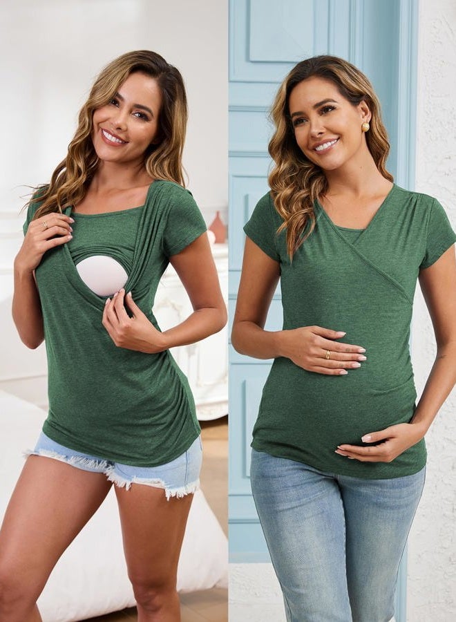 Ecavus 3PCS Women's Maternity Nursing Tops Short & Long Sleeve Side Ruched Breastfeeding Shirt, 05-hunterbr/Dark Grey/Rose Red, XL - Image 2
