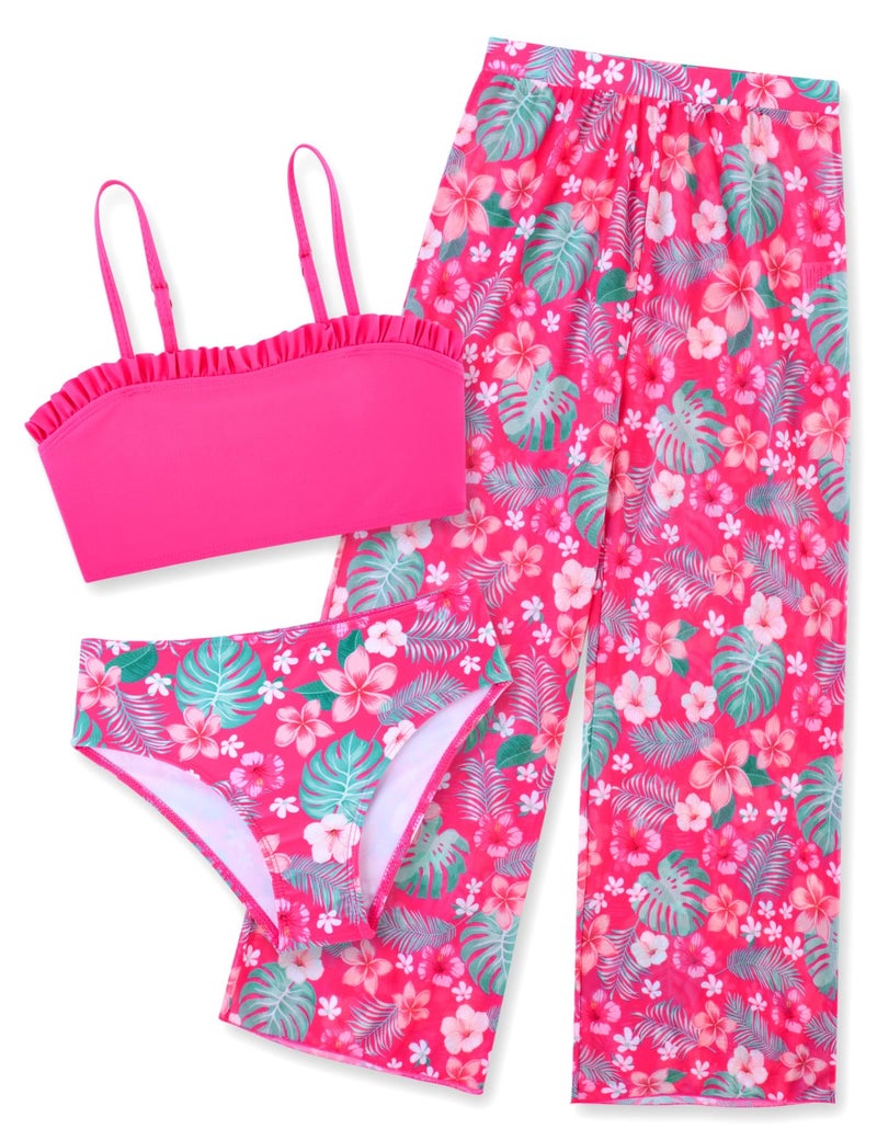 Vogseek Size 8-10 Girls Red Flower Hawaiian Bathing Suits for Kids 3D Printed Blush Floral Tankini Swimsuits 9 Years Little Child Hot Pink Ruffle Stape Tops Unique Bikini Bottoms Quick Dry Mesh Swim Set - Image 1