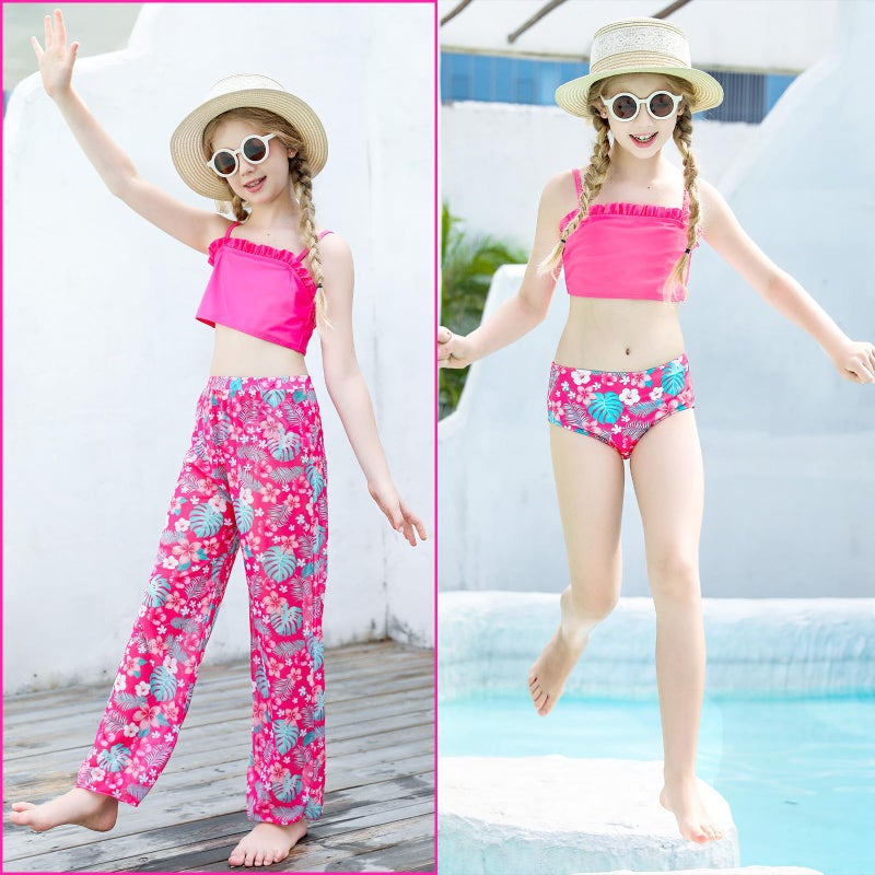 Vogseek Size 8-10 Girls Red Flower Hawaiian Bathing Suits for Kids 3D Printed Blush Floral Tankini Swimsuits 9 Years Little Child Hot Pink Ruffle Stape Tops Unique Bikini Bottoms Quick Dry Mesh Swim Set - Image 2