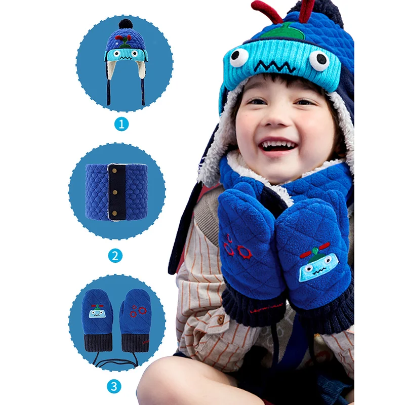 LITTLE SURPRISE BOX 3pcs Quilted Robot Theme Winter CapMufflers and Gloves
