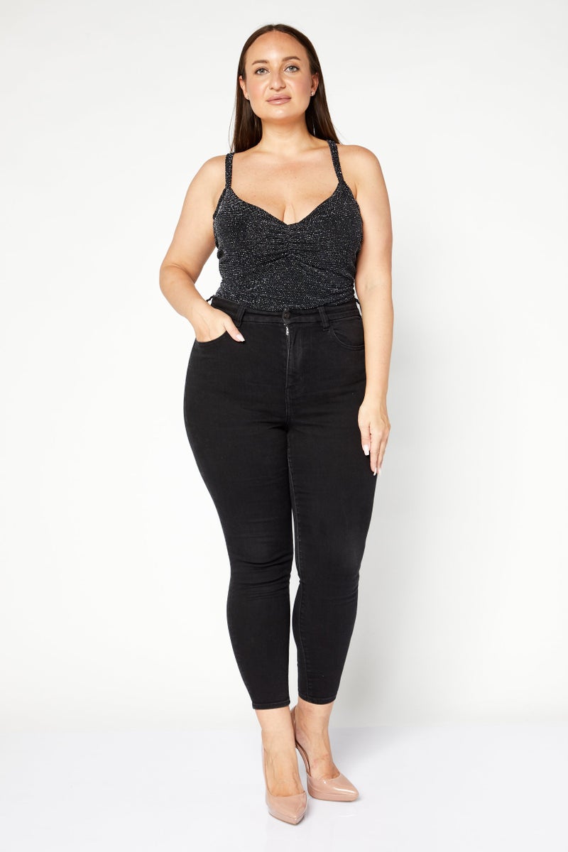 Limited Collection Women Plus Size Sleeveless Metallic Bodysuit, Black  - Image 4