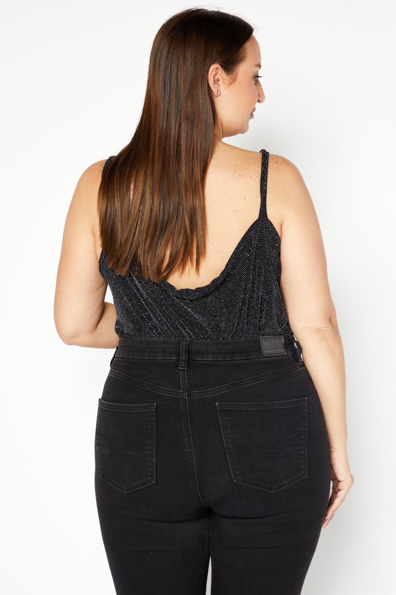 Limited Collection Women Plus Size Sleeveless Metallic Bodysuit, Black  - Image 3