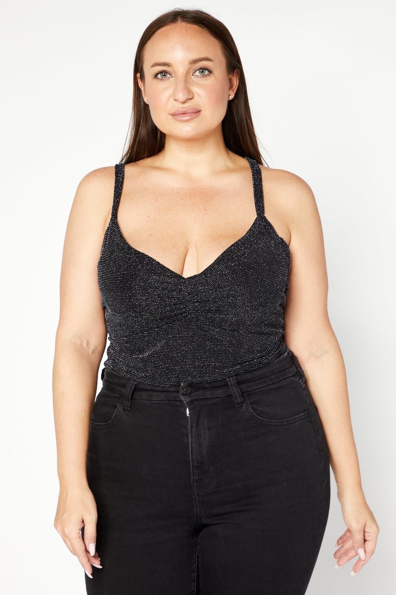 Limited Collection Women Plus Size Sleeveless Metallic Bodysuit, Black  - Image 1