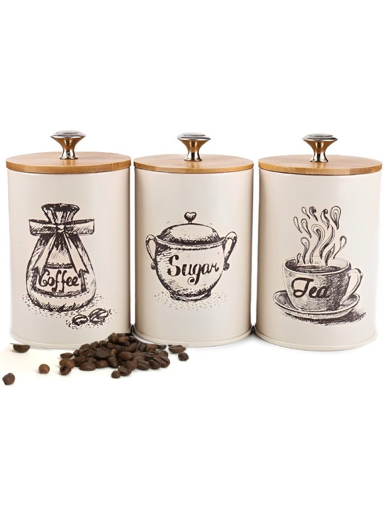 عربست أطقم علب لطاولة المطبخ، طقم علب مطبخ معدني عتيق من 3 علب، طقم علب شاي وسكر وقهوة وعلبة تخزين طعام بغطاء من الخيزران، ديكور مطبخ مزرعة، بيج - Image 1