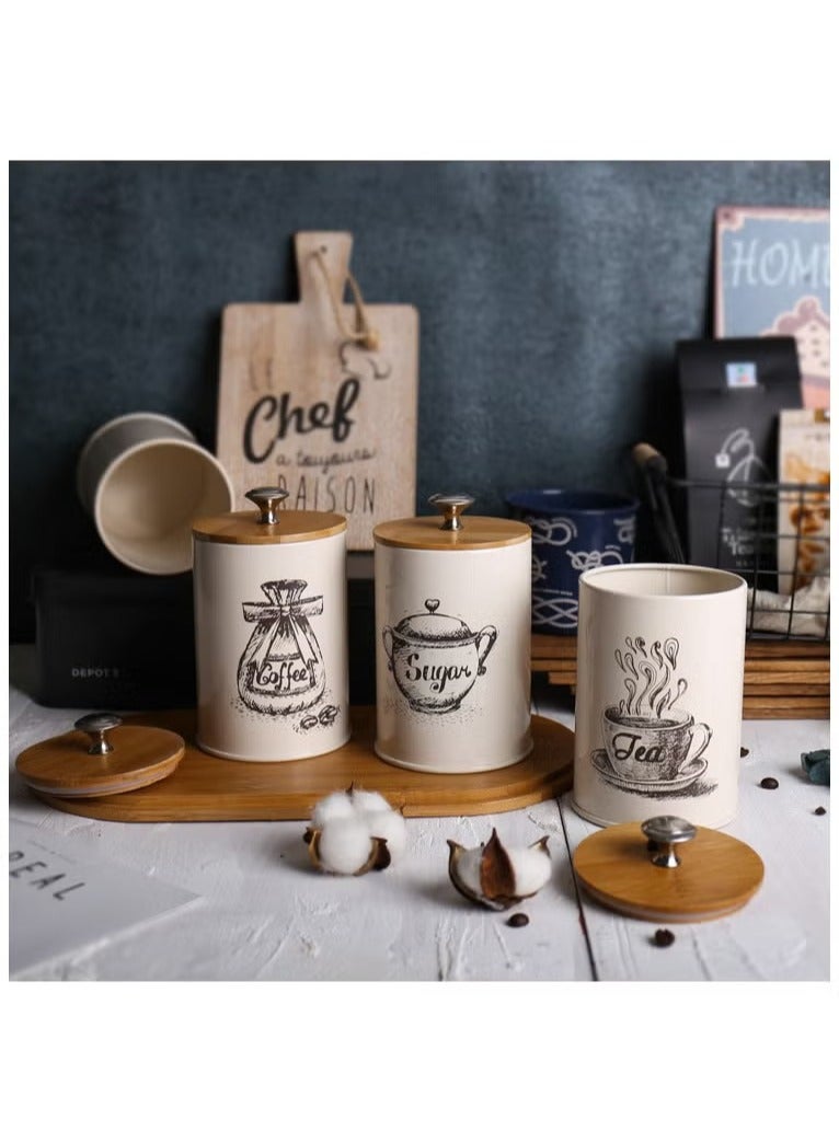 عربست أطقم علب لطاولة المطبخ، طقم علب مطبخ معدني عتيق من 3 علب، طقم علب شاي وسكر وقهوة وعلبة تخزين طعام بغطاء من الخيزران، ديكور مطبخ مزرعة، بيج - Image 2