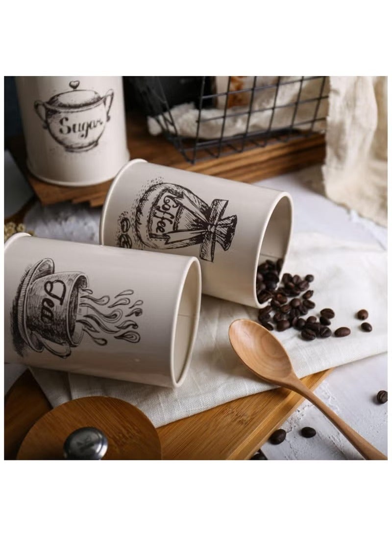 عربست أطقم علب لطاولة المطبخ، طقم علب مطبخ معدني عتيق من 3 علب، طقم علب شاي وسكر وقهوة وعلبة تخزين طعام بغطاء من الخيزران، ديكور مطبخ مزرعة، بيج - Image 5