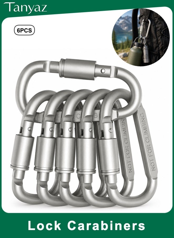 Tanyaz Screw Lock Carabiners, 6 PCS Silver Aluminum Alloy D Shape Utility Clips, Backpack Hooks for Keys, Camping Gear, Travel Bags, Not for Climbing (8 CM) - Image 1
