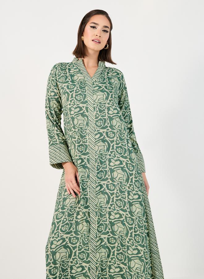 ستايلي جلابية بياقة واقفة وطبعة كاملة بتصميم - - Image 2