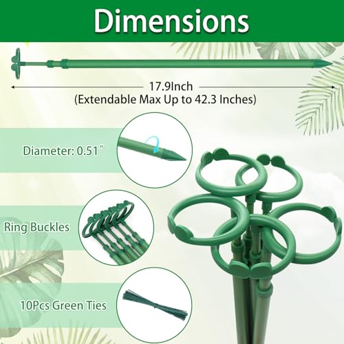 BOVITRO Extendable Plant Stakes, Length Scalable from 17.9IN to 42.3IN Plant Support Stake, Orchid Sticks with Clips for Indoor Outdoor,Garden Stakes for Plant,Tomato,Vegetables,Monstera,Vine - 5Pack - Image 2