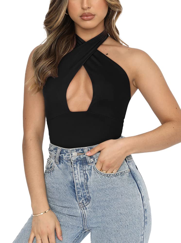 REORIA Women's Sexy Criss Cross Halter Neck Sleeveless Party Club Night Going Out Thong Bodysuits Tops Black Small - Image 2