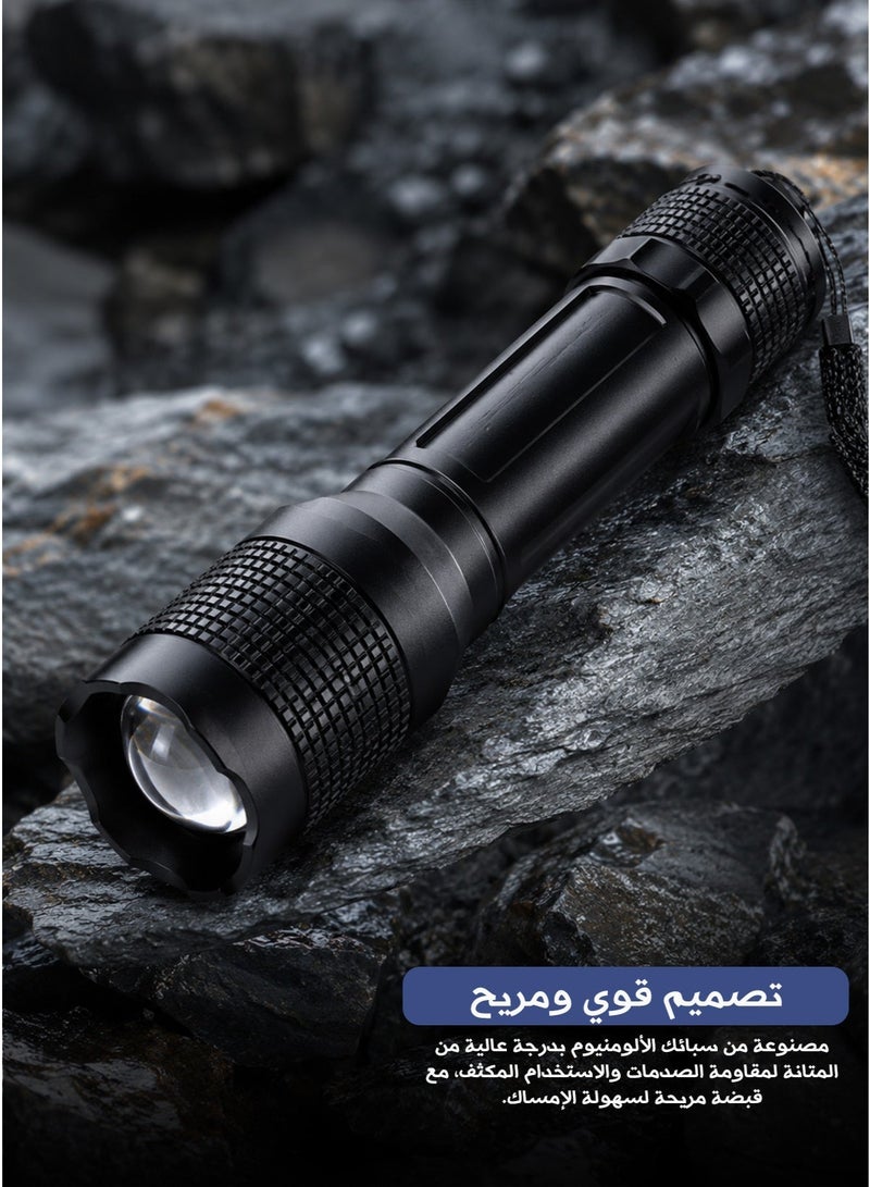 LED Handheld Flashlight, 5000 Lumens High-Power Light, With Zoom In/Out Feature, USB Rechargeable, Aerospace-Grade Aluminum Alloy Body - Black - Image 4