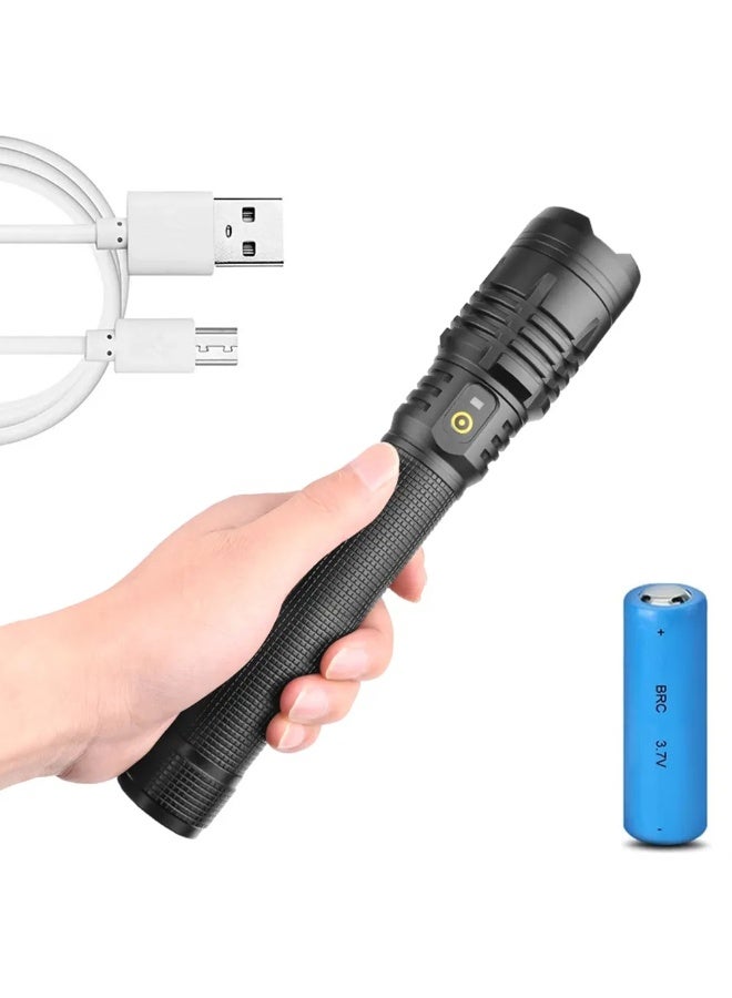LED Handheld Flashlight, 5000 Lumens High-Power Light, With Zoom In/Out Feature, USB Rechargeable, Aerospace-Grade Aluminum Alloy Body - Black - Image 2