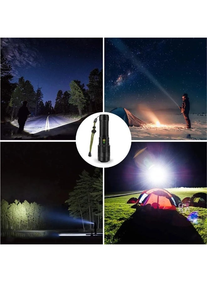LED Handheld Flashlight, 5000 Lumens High-Power Light, With Zoom In/Out Feature, USB Rechargeable, Aerospace-Grade Aluminum Alloy Body - Black - Image 3