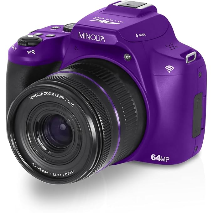Minolta 64 Mega Pixels Auto Focus Digital Camera with 10x Optical Zoom,4K Ultra HD Video and Macro Shooting, Bundle with 32 GB Memory Card + Vlogging Tripod + Cleaning kit + More Accessories - Purple - Image 4