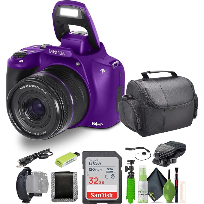 Minolta 64 Mega Pixels Auto Focus Digital Camera with 10x Optical Zoom,4K Ultra HD Video and Macro Shooting, Bundle with 32 GB Memory Card + Vlogging Tripod + Cleaning kit + More Accessories - Purple - Image 1