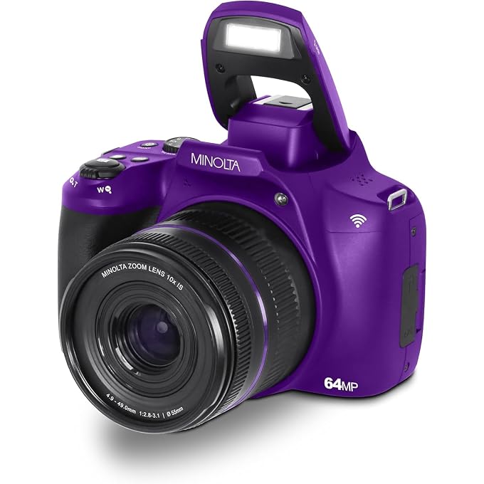 Minolta 64 Mega Pixels Auto Focus Digital Camera with 10x Optical Zoom,4K Ultra HD Video and Macro Shooting, Bundle with 32 GB Memory Card + Vlogging Tripod + Cleaning kit + More Accessories - Purple - Image 2