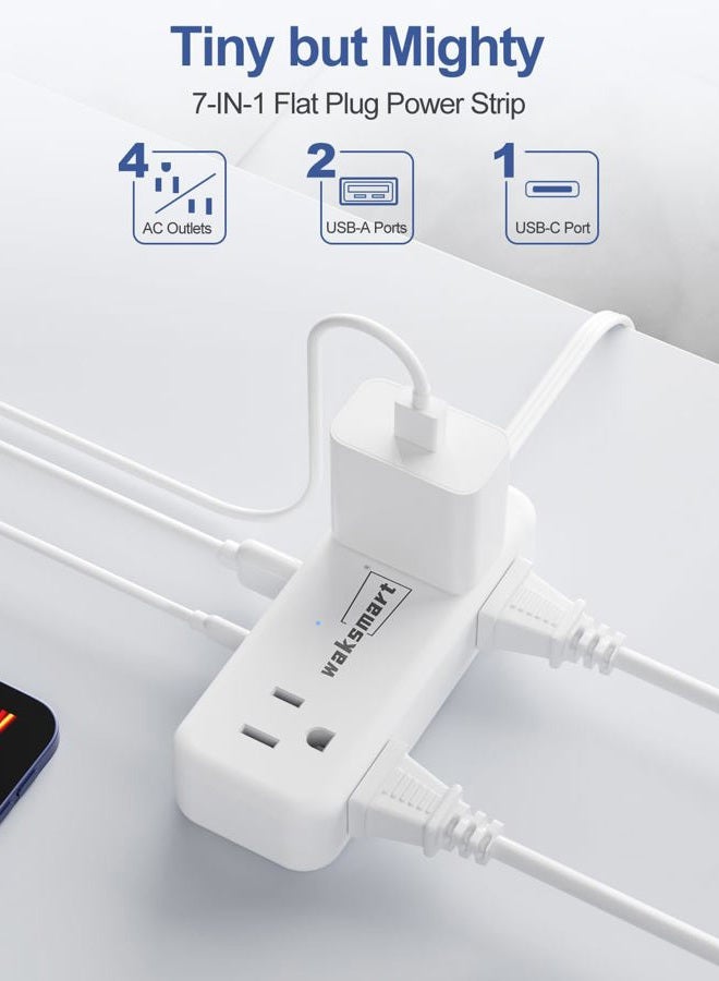 Waksmart 3FT Flat Plug Extension Cord with 4 AC Outlets, 3 USB Ports (5V/3.4A 17W), Compact Flat Plug Power Strip for College Dorm, Travel, Home, Office - Image 2