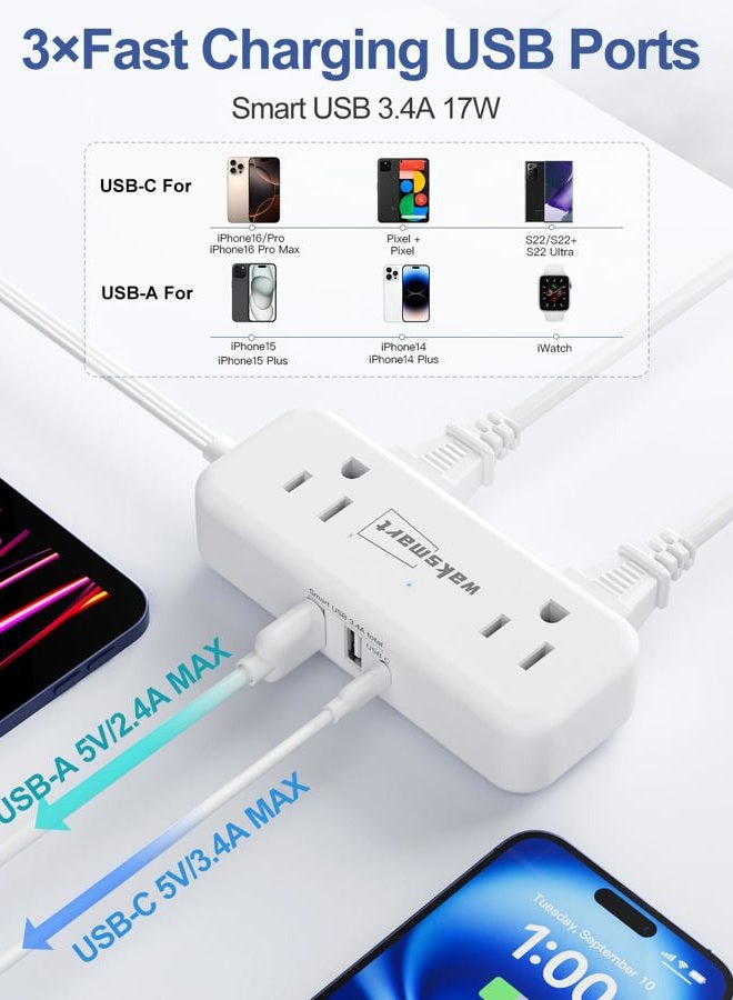 Waksmart 3FT Flat Plug Extension Cord with 4 AC Outlets, 3 USB Ports (5V/3.4A 17W), Compact Flat Plug Power Strip for College Dorm, Travel, Home, Office - Image 3