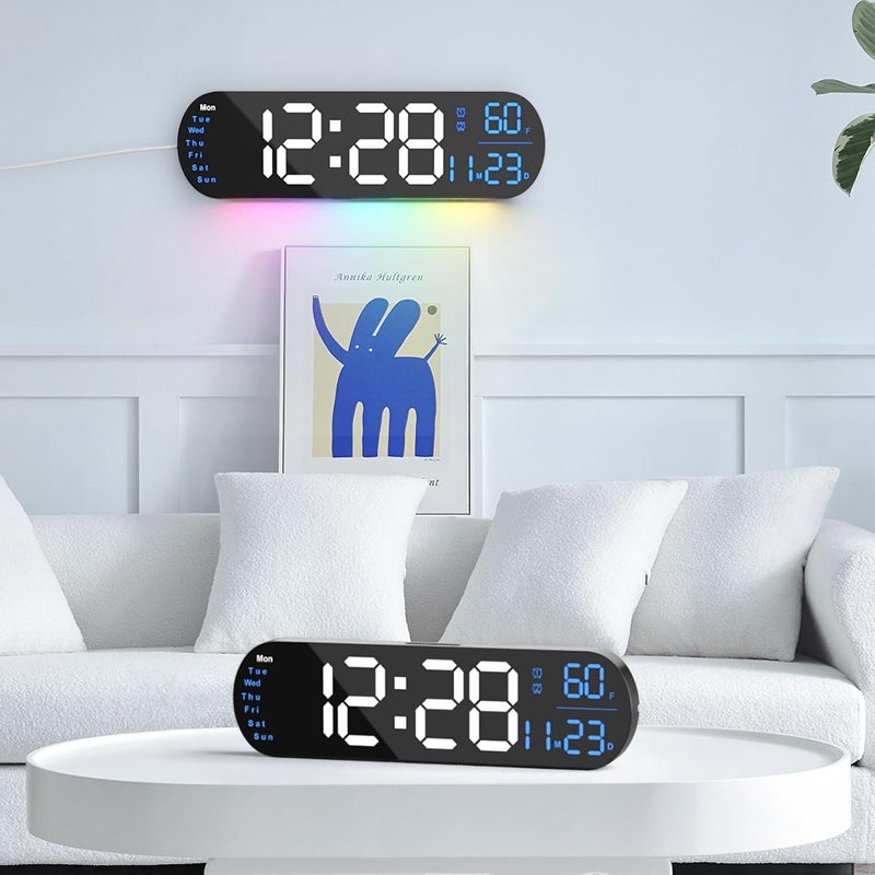 hansang ساعة حائط رقمية كبيرة مع جهاز تحكم عن بعد 13.7 بوصة، سطوع تلقائي، 9 أضواء محيطة RGB، منبه مزدوج ومؤقت، وضع 12/24 ساعة، درجة حرارة لغرفة النوم، هدية ديكور حائط للمسنين، أسود، 2 قطعة - Image 1