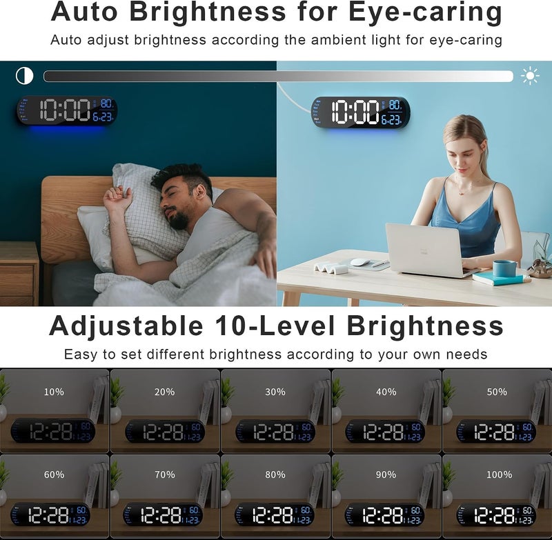 hansang ساعة حائط رقمية كبيرة مع جهاز تحكم عن بعد 13.7 بوصة، سطوع تلقائي، 9 أضواء محيطة RGB، منبه مزدوج ومؤقت، وضع 12/24 ساعة، درجة حرارة لغرفة النوم، هدية ديكور حائط للمسنين، أسود، 2 قطعة - Image 4