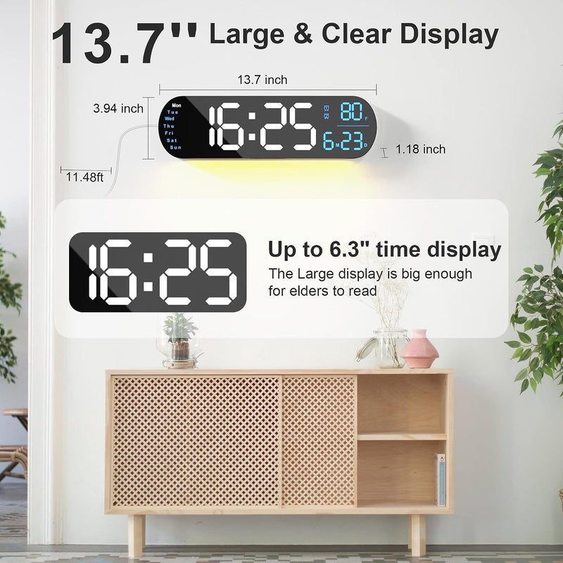 hansang ساعة حائط رقمية كبيرة مع جهاز تحكم عن بعد 13.7 بوصة، سطوع تلقائي، 9 أضواء محيطة RGB، منبه مزدوج ومؤقت، وضع 12/24 ساعة، درجة حرارة لغرفة النوم، هدية ديكور حائط للمسنين، أسود، 2 قطعة - Image 2