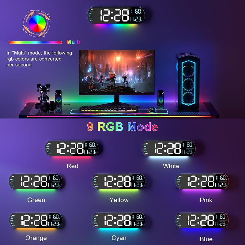 hansang ساعة حائط رقمية كبيرة مع جهاز تحكم عن بعد 13.7 بوصة، سطوع تلقائي، 9 أضواء محيطة RGB، منبه مزدوج ومؤقت، وضع 12/24 ساعة، درجة حرارة لغرفة النوم، هدية ديكور حائط للمسنين، أسود، 2 قطعة - Image 3