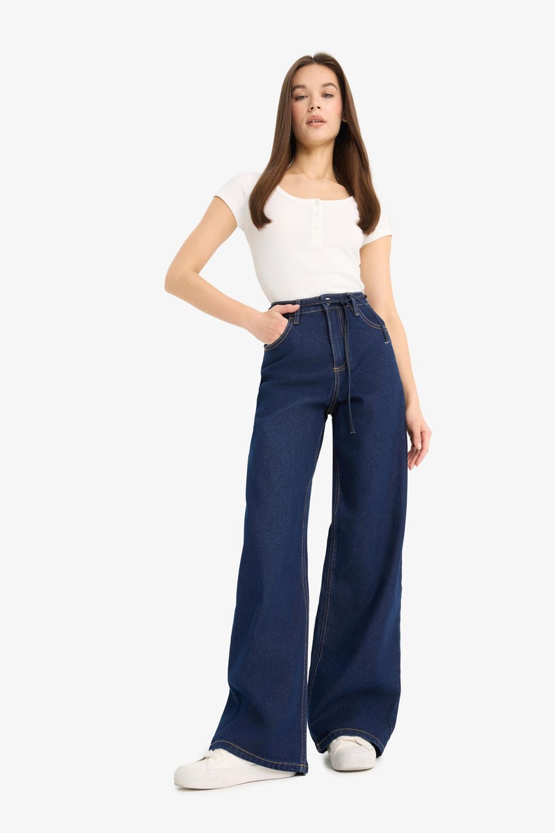 DeFacto Blue Woman Wide Leg Regular Hem Jean Trousers Casual - Image 1