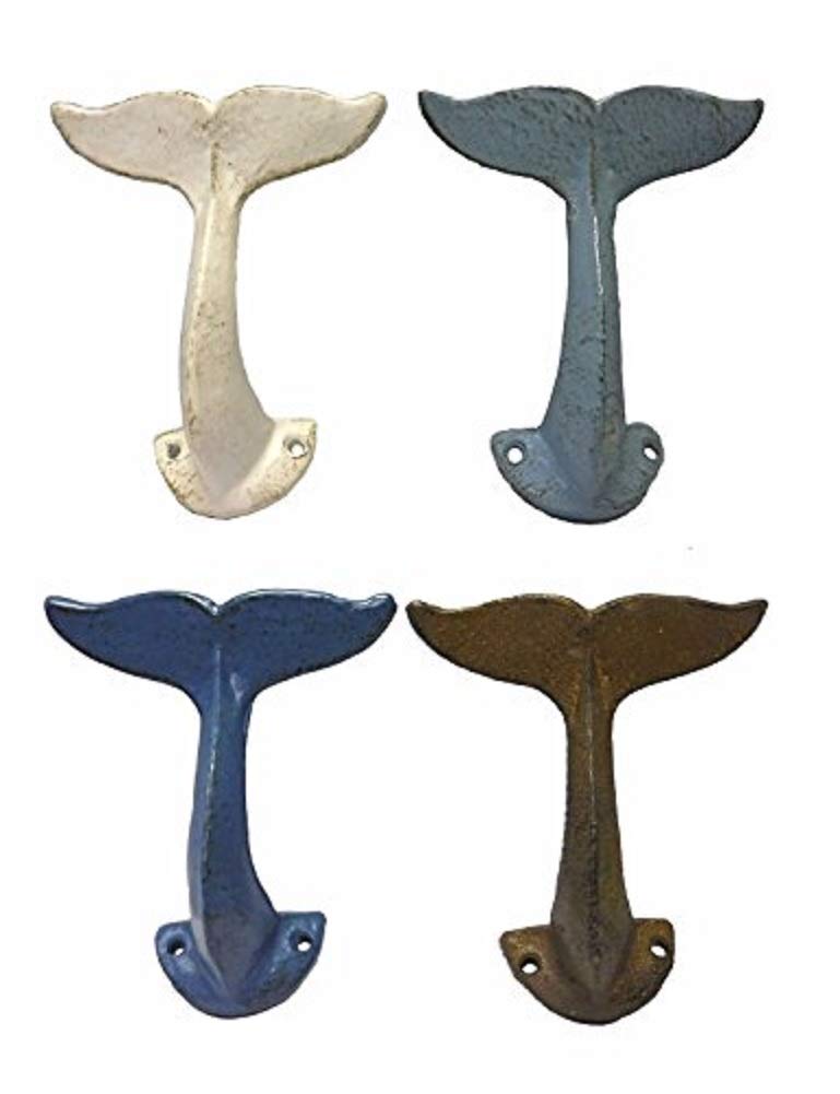 Birsppy Set of Four Nautical Whale Tail Wall Hooks Distressed Finishes