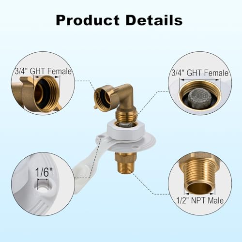 TOPSHINE RV City Water Inlet with Check Valve, RV Water Fill Inlet Replacement, 3/4 GHT Female to 1/2 NPT Male, Lead-Free Brass, City Water Connection for RV Camper Motorhome Trailer with Hose Elbow - Image 4