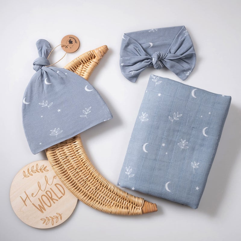 Miaoberry 100% Organic Muslin Swaddle Set w Matching Hat/Bow| Moon Leaves in Haze Blue| Hospital Home-Coming Baby Announcement Blanket Gender Neutral for Boy n Girl - Image 1