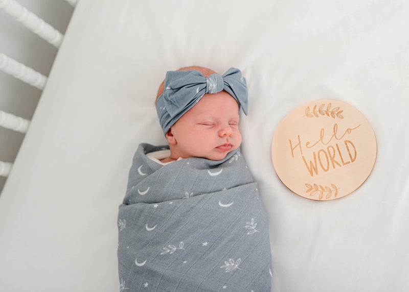 Miaoberry 100% Organic Muslin Swaddle Set w Matching Hat/Bow| Moon Leaves in Haze Blue| Hospital Home-Coming Baby Announcement Blanket Gender Neutral for Boy n Girl - Image 4