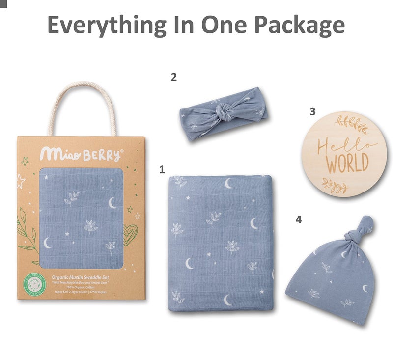 Miaoberry 100% Organic Muslin Swaddle Set w Matching Hat/Bow| Moon Leaves in Haze Blue| Hospital Home-Coming Baby Announcement Blanket Gender Neutral for Boy n Girl - Image 2