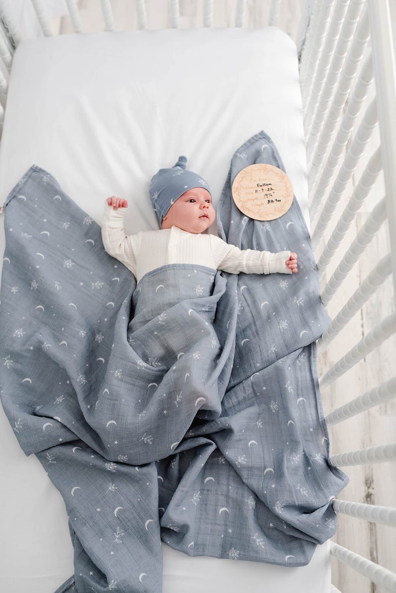 Miaoberry 100% Organic Muslin Swaddle Set w Matching Hat/Bow| Moon Leaves in Haze Blue| Hospital Home-Coming Baby Announcement Blanket Gender Neutral for Boy n Girl - Image 5