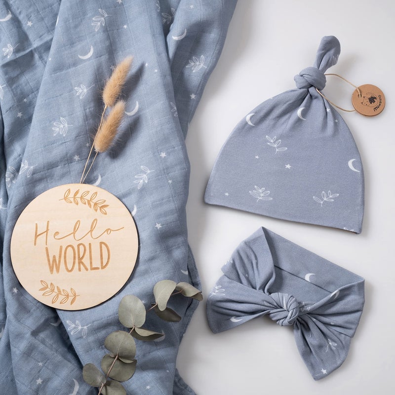 Miaoberry 100% Organic Muslin Swaddle Set w Matching Hat/Bow| Moon Leaves in Haze Blue| Hospital Home-Coming Baby Announcement Blanket Gender Neutral for Boy n Girl - Image 3