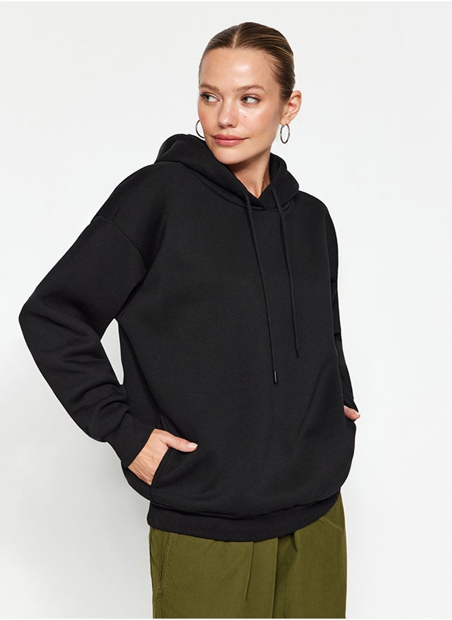trendyol Black Thick Fleece Inside, Pocket Detailed Hooded Regular/Regular Knitted Sweatshirt TWOAW24SW00075.  - Image 1