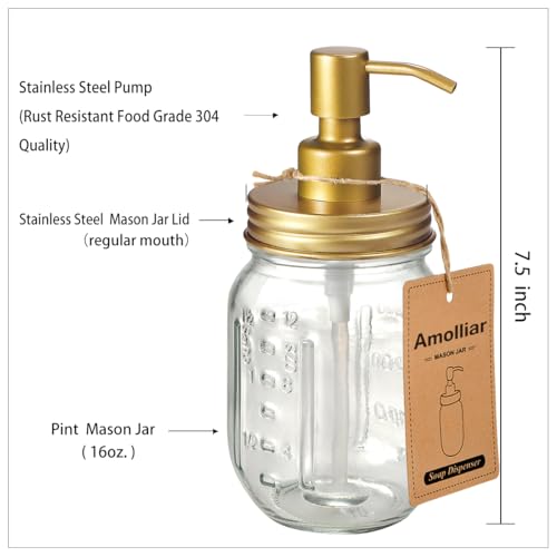 Amolliar Mason Jar Liquid Soap Dispenser -Rustproof Stainless Steel Farmhouse Decor for Bathroom Vanities,Kitchen Sink/ Liquid Soap Pumps for Hand Soap,Dish Soap,Lotions/Golden -2 Pack - Image 3