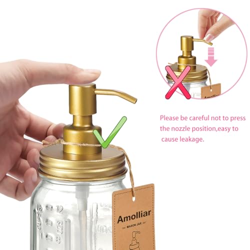 Amolliar Mason Jar Liquid Soap Dispenser -Rustproof Stainless Steel Farmhouse Decor for Bathroom Vanities,Kitchen Sink/ Liquid Soap Pumps for Hand Soap,Dish Soap,Lotions/Golden -2 Pack - Image 2