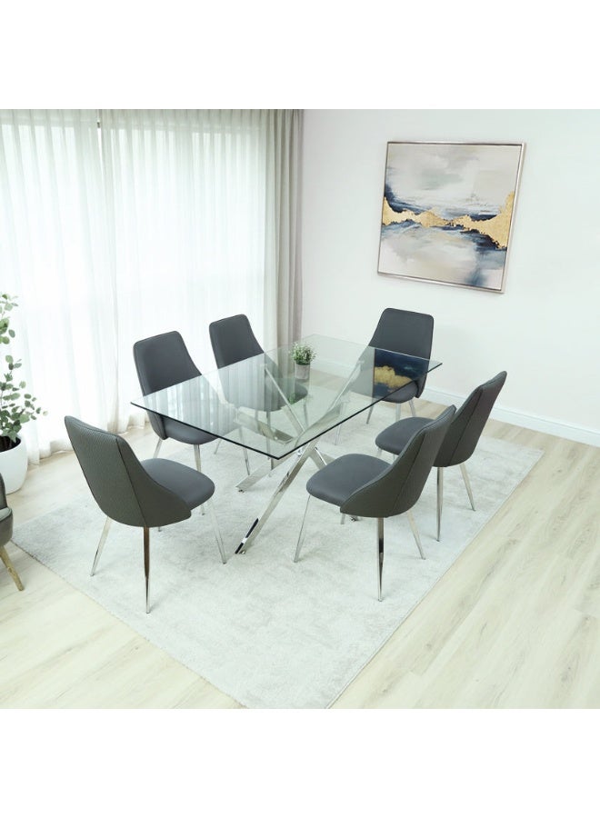 VANITY LIVING 6-Seater Dining Table Set – Davos Chrome Large Table with Tempered Glass Top & Stainless Steel Base + 6 Sienna Grey PU Leather Chairs – Modern Dining Room Furniture - Image 1