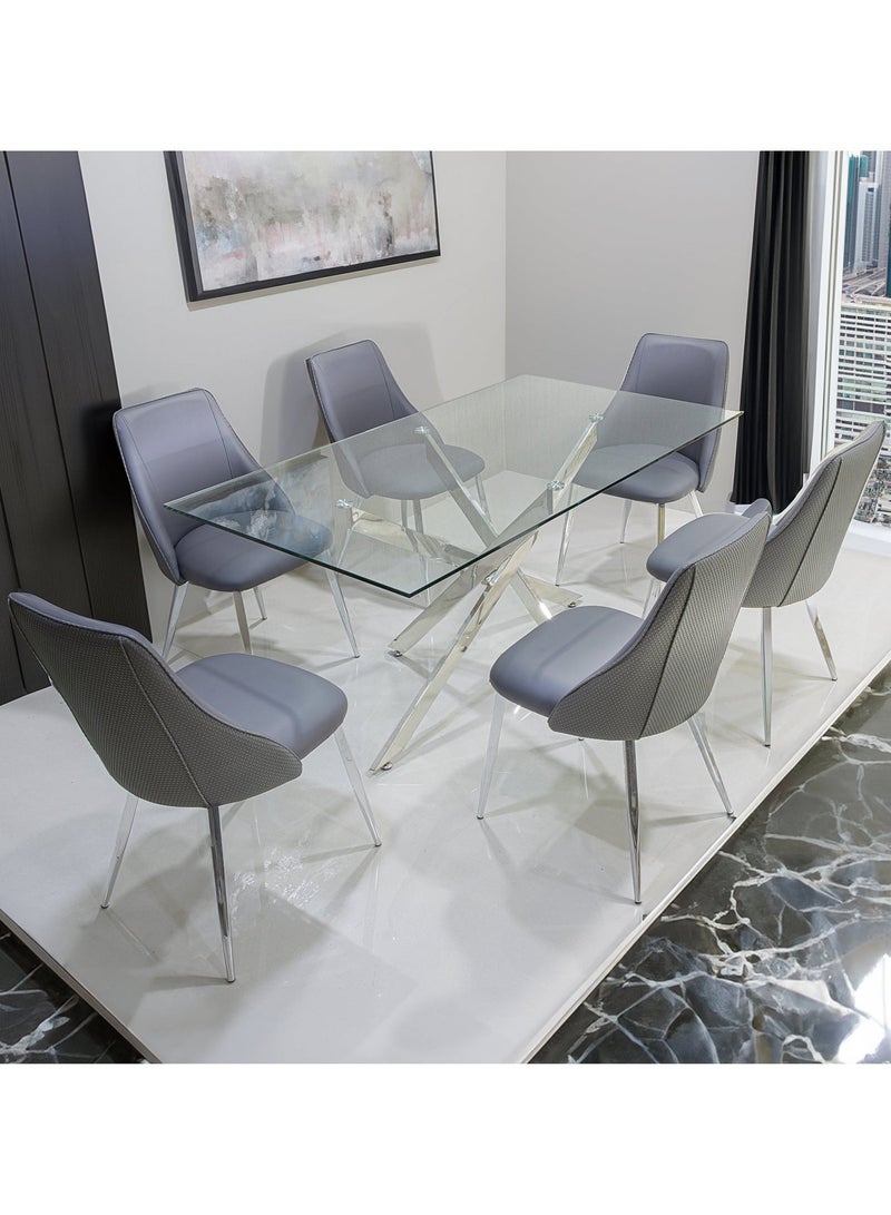 VANITY LIVING 6-Seater Dining Table Set – Davos Chrome Large Table with Tempered Glass Top & Stainless Steel Base + 6 Sienna Grey PU Leather Chairs – Modern Dining Room Furniture - Image 3