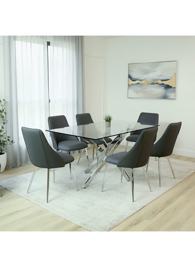 VANITY LIVING 6-Seater Dining Table Set – Davos Chrome Large Table with Tempered Glass Top & Stainless Steel Base + 6 Sienna Grey PU Leather Chairs – Modern Dining Room Furniture - Image 2