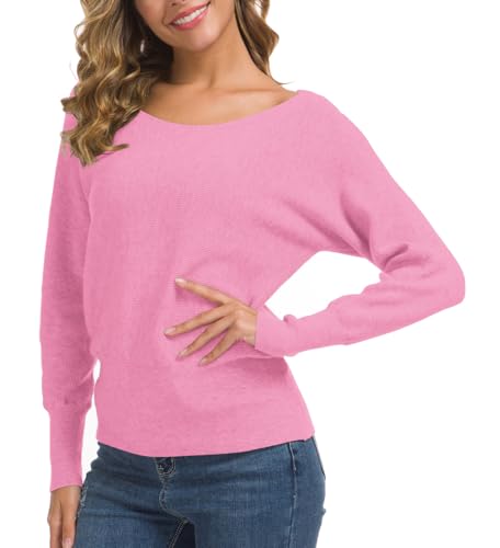 Feiersi Round Neck Long Sleeves Dolman Knitted Sweaters and Pullovers Tops for Women (Pink,Small) - Image 4