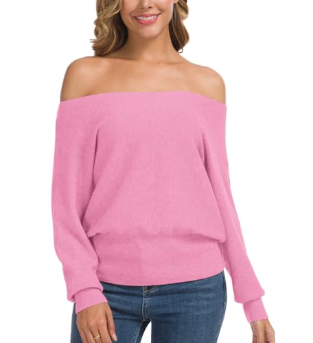 Feiersi Round Neck Long Sleeves Dolman Knitted Sweaters and Pullovers Tops for Women (Pink,Small) - Image 5
