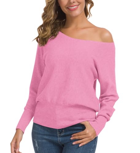 Feiersi Round Neck Long Sleeves Dolman Knitted Sweaters and Pullovers Tops for Women (Pink,Small) - Image 2