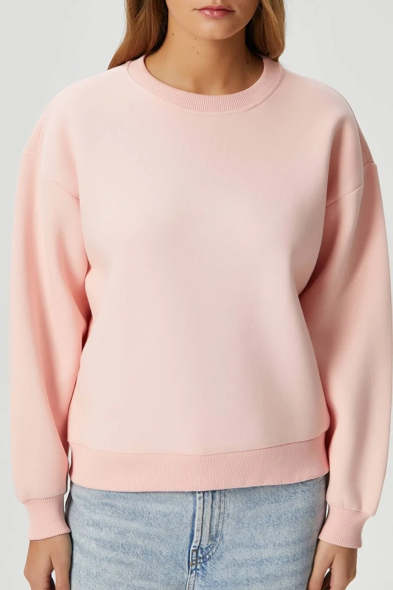 Ritnice Women's Cozy Fleece Inside Soft Pink Basic Crew Neck Cotton Thick Knitted Sweatshirt