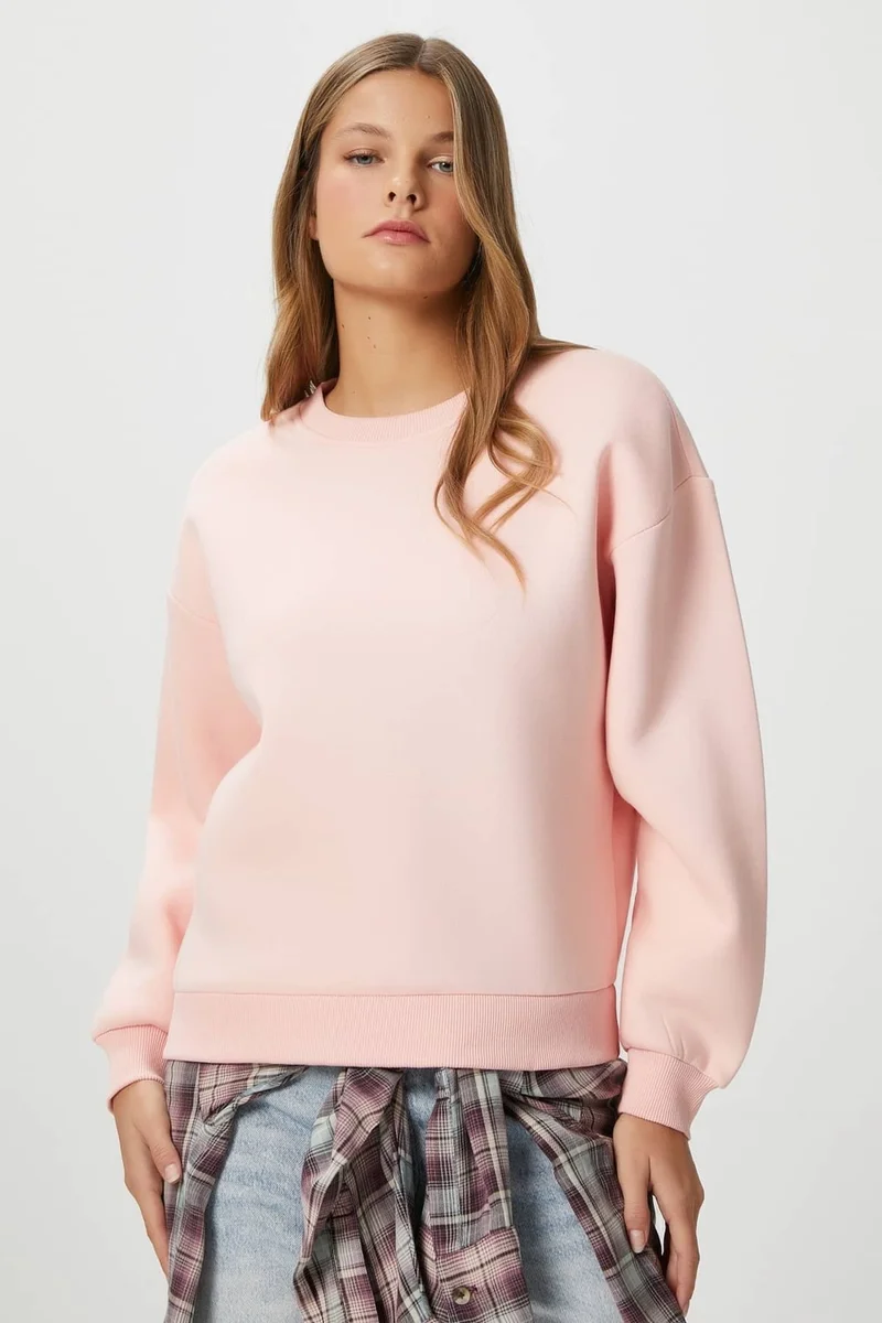 Ritnice Women's Cozy Fleece Inside Soft Pink Basic Crew Neck Cotton Thick Knitted Sweatshirt