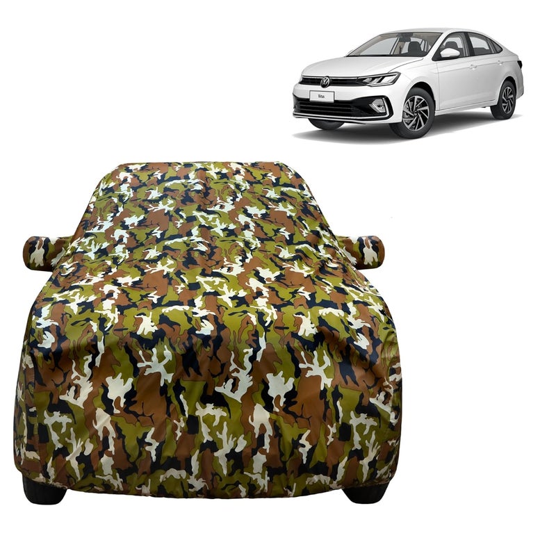 VYAS 100% Waterproof Car Body Cover for Volkeswagen Virtus (2022-2025) with Mirror Pocket Triple Stitched Belt & Buckle Fitting Dual Elastic, Durable Material Jungle Print Camouflage Design - Image 1